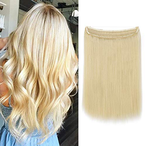 Silk-co Haarverlängerung mit Gummiband, Glatte Extensions mit unsichtbare Schnur, Synthetisch Haarteil wie Echthaar, Haarverdichtung Haar Extensions für Frauen, Bleichblond, 40cm von Silk-co