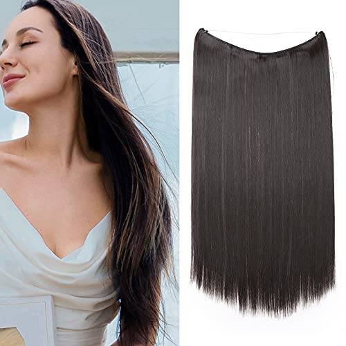Silk-co Haarverlängerung mit Gummiband, Glatte Extensions mit unsichtbare Schnur, Synthetisch Haarteil wie Echthaar, Haarverdichtung Haar Extensions für Frauen, Dunkelbraun, 40cm von Silk-co