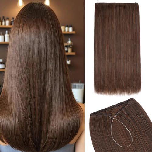 Silk-co Haarverlängerung mit Gummiband, Glatte Extensions mit unsichtbare Schnur, Synthetisch Haarteil wie Echthaar, Haarverdichtung Haar Extensions für Frauen, Dunkelbraun & Mittelbraun, 50cm von Silk-co