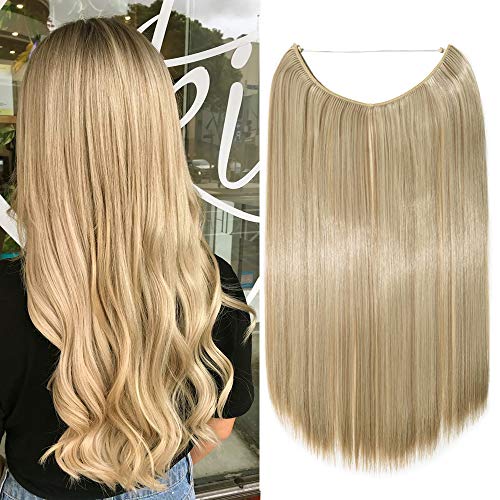 Silk-co Haarverlängerung mit Gummiband, Glatte Extensions mit unsichtbare Schnur, Synthetisch Haarteil wie Echthaar, Haarverdichtung Haar Extensions für Frauen, Honigblond & Bleichblond, 50cm von Silk-co