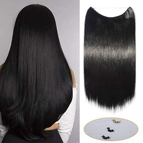Silk-co Haarverlängerung mit Gummiband, Glatte Extensions mit unsichtbare Schnur, Synthetisch Haarteil wie Echthaar, Haarverdichtung Haar Extensions für Frauen, Schwarz, 50cm von Silk-co