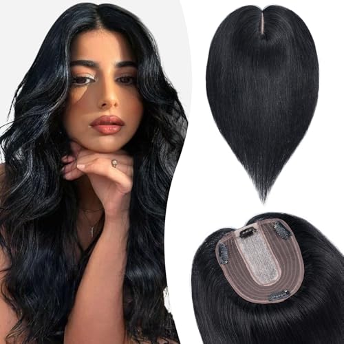 Silk-co Hair Topper Echthaar, 10x12cm Basis Toupet Damen, Haartopper Echthaar mit Remy Seide Basis, Haar Topper Clip in Haarteil Extensions, 40cm01# Rabenschwarz Silk-co Hair Topper Echthaar, 10x12cm Basis Toupet Damen, Haartopper Echthaar mit Remy Seide Basis, Haar Topper Clip in Haarteil Extensions, 40cm01# Rabenschwarz von Silk-co