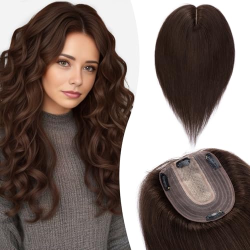 Silk-co Hair Topper Echthaar, 10x12cm Basis Toupet Damen, Haartopper Echthaar mit Remy Seide Basis, Haar Topper Clip in Haarteil Extensions, 45cm02# Dunkelbraun Silk-co Hair Topper Echthaar, 10x12cm Basis Toupet Damen, Haartopper Echthaar mit Remy Seide Basis, Haar Topper Clip in Haarteil Extensions, 45cm02# Dunkelbraun von Silk-co