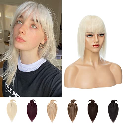 Silk-co Clip in Extension Echthaar Topeer Echthaar Haarteile Echthaar Toupet Haarverlängerung mit Franse Pony Hair Extensions für Frauen 7A Real Human Hair 35cm-44g 60# Platinblond von Silk-co