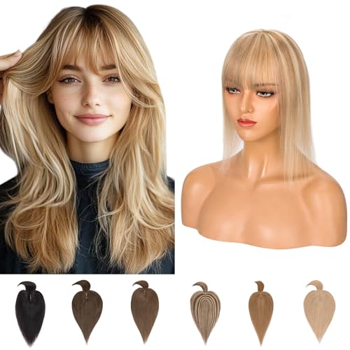 Silk-co Clip in Extension Echthaar Topeer Echthaar Haarteile Echthaar Toupet Haarverlängerung mit Franse Pony Hair Extensions für Frauen 7A Real Human Hair 40cm-48g 12P613# Goldbraun & Bleichblond von Silk-co