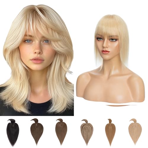 Silk-co Clip in Extension Echthaar Topeer Echthaar Haarteile Echthaar Toupet Haarverlängerung mit Franse Pony Hair Extensions für Frauen 7A Real Human Hair 40cm-48g 24# Naturblond von Silk-co