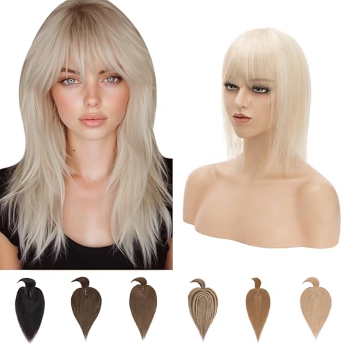 Silk-co Clip in Extension Echthaar Topeer Echthaar Haarteile Echthaar Toupet Haarverlängerung mit Franse Pony Hair Extensions für Frauen 7A Real Human Hair 45cm-53g 18P613# Aschblond & Bleichblond von Silk-co
