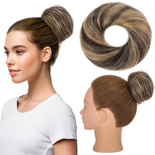 Silk-co Haarteile Echthaar mit Gummi, 17g Dutt Haarteil Gelockt Haargummi mit Haaren, Haarschmuck Damen Messy Bun Haarteil, #1BP27R Naturschwarz und Dunkelblond von Silk-co