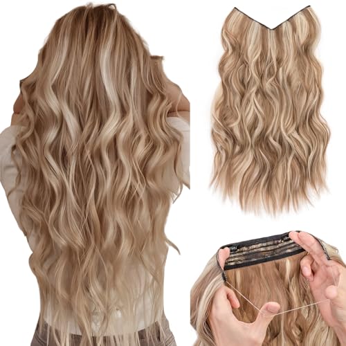 Silk-co Haarverlängerung mit Gummiband, Einstellbar Secrets Haarteil Synthetik, Extensions mit Schnur und Clips, Lange Gewellt Extensions für Frauen, 40cm Karamellbraun gemischt mit Aschblond von Silk-co