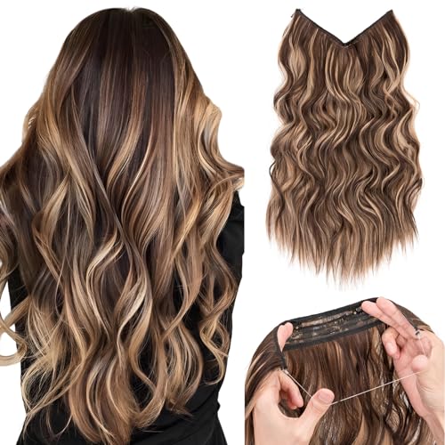 Silk-co Haarverlängerung mit Gummiband, Einstellbar Secrets Haarteil Synthetik, Extensions mit Schnur und Clips, Lange Gewellt Extensions für Frauen, 50cm Honigblond Gemischt Hellbraun von Silk-co