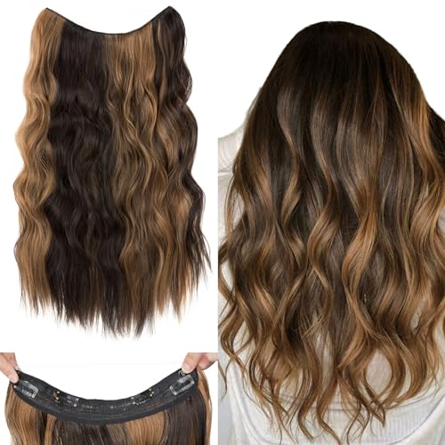 Silk-co Haarverlängerung mit Gummiband, Einstellbar Secrets Haarteil Synthetik, Extensions mit Schnur und Clips, Lange Gewellt Extensions für Frauen, Schokoladenbraun Highlights Braun 60cm von Silk-co