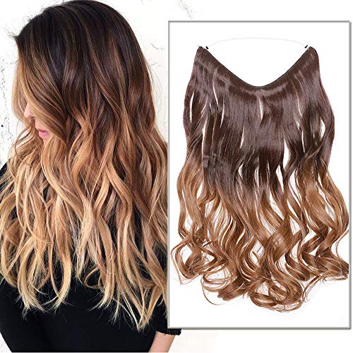 Silk-co Haarverlängerung mit Gummiband, Einstellbar Secrets Haarteil Synthetik, Extensions mit Schnur unsichtbar, Gewellt Extensions für Frauen, Hellbraun zu Kastanienbraun, 50cm von Silk-co