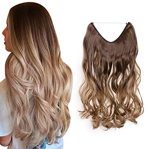 Silk-co Haarverlängerung mit Gummiband, Einstellbar Secrets Haarteil Synthetik, Extensions mit Schnur unsichtbar, Gewellt Extensions für Frauen, Schokoladenbraun zu Dunkelblond, 50cm von Silk-co