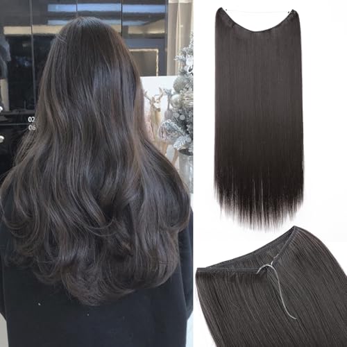 Silk-co Haarverlängerung mit Gummiband, Glatte Extensions mit unsichtbare Schnur, Synthetisch Haarteil wie Echthaar, Haarverdichtung Haar Extensions für Frauen, Dunkelbraun, 60 cm von Silk-co