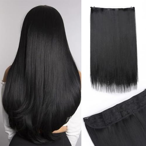 Silk-co Haarverlängerung mit Gummiband, Glatte Extensions mit unsichtbare Schnur, Synthetisch Haarteil wie Echthaar, Haarverdichtung Haar Extensions für Frauen, Rabenschwarz, 40 cm von Silk-co