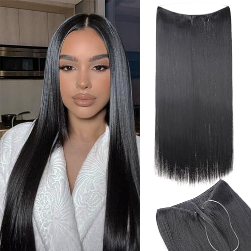 Silk-co Haarverlängerung mit Gummiband, Glatte Extensions mit unsichtbare Schnur, Synthetisch Haarteil wie Echthaar, Haarverdichtung Haar Extensions für Frauen, Rabenschwarz, 60 cm von Silk-co