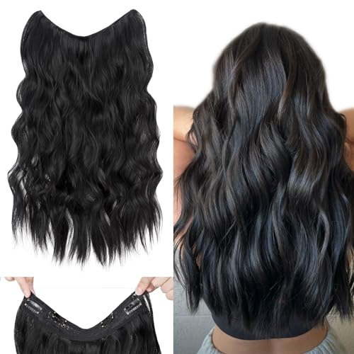 Silk-co Haarverlängerung mit Gummiband 40cm, Lange Gewellte Extensions mit Draht und Clips, Einstellbar Secrets Haarteil Synthetik Haar Extensions für Frauen Rabenschwarz von Silk-co