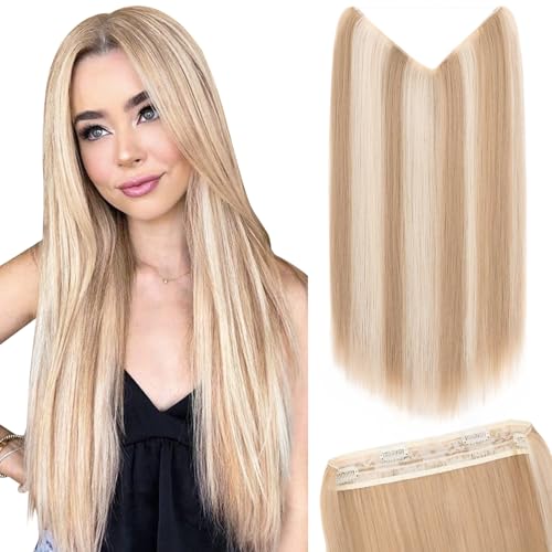 Silk-co Haarverlängerung mit Gummiband 50cm, Glatte Extensions mit Draht und Clips, Einstellbar Secrets Haarteil Synthetik Haar Extensions für Frauen Honigblond Highlight Bleichblond von Silk-co