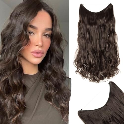 Silk-co Haarverlängerung mit Gummiband 60cm, Gewellte Secrets Haar Extensions mit Draht Synthetisch Haarverdichtung Haarteil für Frauen, Dunkelbraun von Silk-co