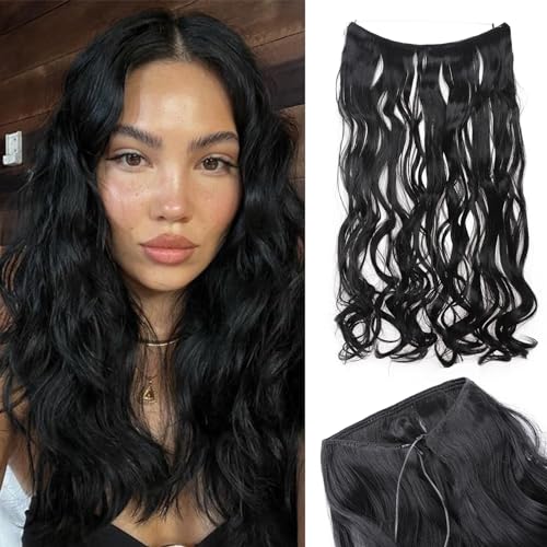 Silk-co Haarverlängerung mit Gummiband 60cm, Gewellte Secrets Haar Extensions mit Draht Synthetisch Haarverdichtung Haarteil für Frauen, Rabenschwarz von Silk-co