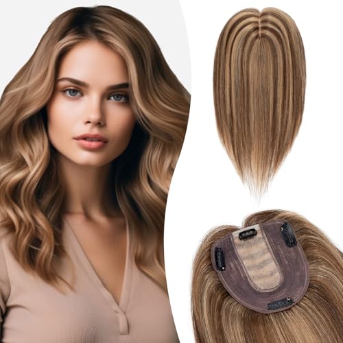 Silk-co Hair Topper Echthaar, 10x12cm Basis Toupet Damen, Haartopper Echthaar mit Remy Seide Basis, Haar Topper Clip in Haarteil Extensions, 15cm4P27# Mittelbraun & Dunkelblond von Silk-co