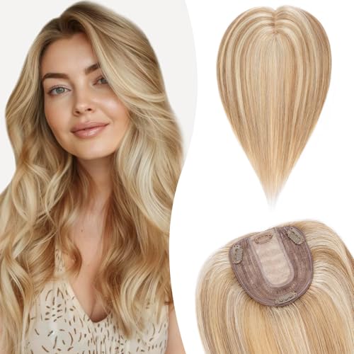 Silk-co Hair Topper Echthaar, 10x12cm Basis Toupet Damen, Haartopper Echthaar mit Remy Seide Basis, Haar Topper Clip in Haarteil Extensions, 30cm12P613# Goldbraun & Bleichblond von Silk-co