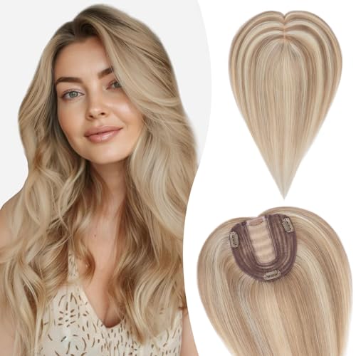 Silk-co Hair Topper Echthaar, 10x12cm Basis Toupet Damen, Haartopper Echthaar mit Remy Seide Basis, Haar Topper Clip in Haarteil Extensions, 45cm12P613# Goldbraun & Bleichblond von Silk-co