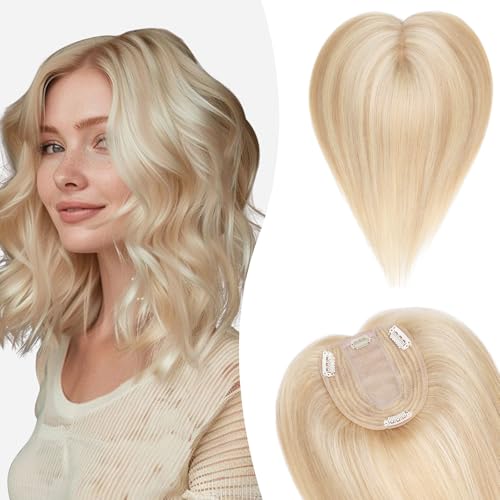 Silk-co Hair Topper Echthaar, 10x12cm Basis Toupet Damen, Haartopper Echthaar mit Remy Seide Basis, Haar Topper Clip in Haarteil Extensions, 45cm18P613# Aschblond & Bleichblond von Silk-co