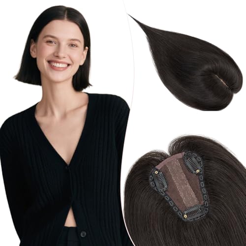 Silk-co Hair Topper Echthaar 30g, 8x10cm handgebunden Basis Toupet Damen, Clip in Haarteile mit Spitzen-Seidenbasis, kein Pony, 30cm #1B Naturschwarz von Silk-co