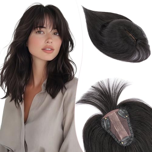 Silk-co Hair Topper Echthaar 30g, 8x10cm handgebunden Basis Toupet Damen, Clip in Haarteile mit Spitzen-Seidenbasis, mit Pony, 30cm30cm #1B Naturschwarz von Silk-co