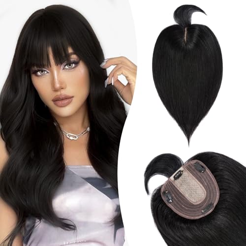 Silk-co Hair Topper Echthaar mit langem Pony, Toupet Damen 10x12cm Basis, Haartopper Echthaar mit Remy Seide Basis, Haar Topper Clip in Haarteil Extensions, 30cm01# Rabenschwarz Silk-co Hair Topper Echthaar mit langem Pony, Toupet Damen 10x12cm Basis, Haartopper Echthaar mit Remy Seide Basis, Haar Topper Clip in Haarteil Extensions, 30cm01# Rabenschwarz von Silk-co