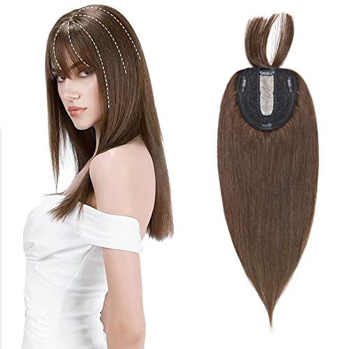 Silk-co Hair Topper Echthaar mit langem Pony, Toupet Damen 10x12cm Basis, Haartopper Echthaar mit Remy Seide Basis, Haar Topper Clip in Haarteil Extensions, 30cm04# Mittelbraun Silk-co Hair Topper Echthaar mit langem Pony, Toupet Damen 10x12cm Basis, Haartopper Echthaar mit Remy Seide Basis, Haar Topper Clip in Haarteil Extensions, 30cm04# Mittelbraun von Silk-co