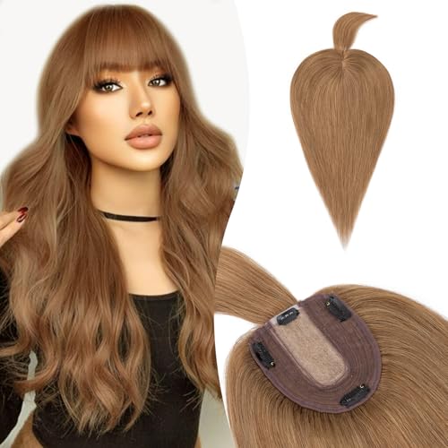 Silk-co Hair Topper Echthaar mit langem Pony, Toupet Damen 10x12cm Basis, Haartopper Echthaar mit Remy Seide Basis, Haar Topper Clip in Haarteil Extensions, 30cm06# Hellbraun von Silk-co