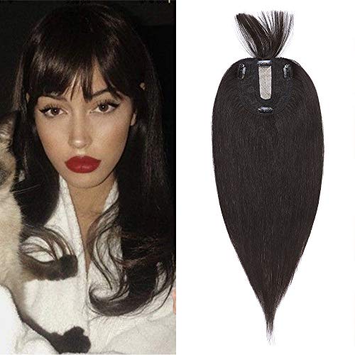 Silk-co Hair Topper Echthaar mit langem Pony, Toupet Damen 10x12cm Basis, Haartopper Echthaar mit Remy Seide Basis, Haar Topper Clip in Haarteil Extensions, 30cm1B# Naturschwarz von Silk-co