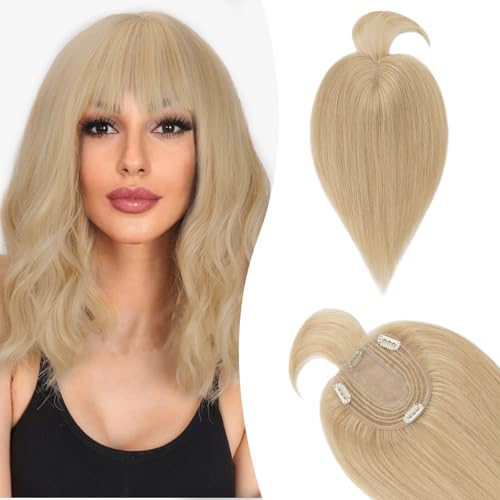 Silk-co Hair Topper Echthaar mit langem Pony, Toupet Damen 10x12cm Basis, Haartopper Echthaar mit Remy Seide Basis, Haar Topper Clip in Haarteil Extensions, 30cm24# Naturblond Silk-co Hair Topper Echthaar mit langem Pony, Toupet Damen 10x12cm Basis, Haartopper Echthaar mit Remy Seide Basis, Haar Topper Clip in Haarteil Extensions, 30cm24# Naturblond von Silk-co