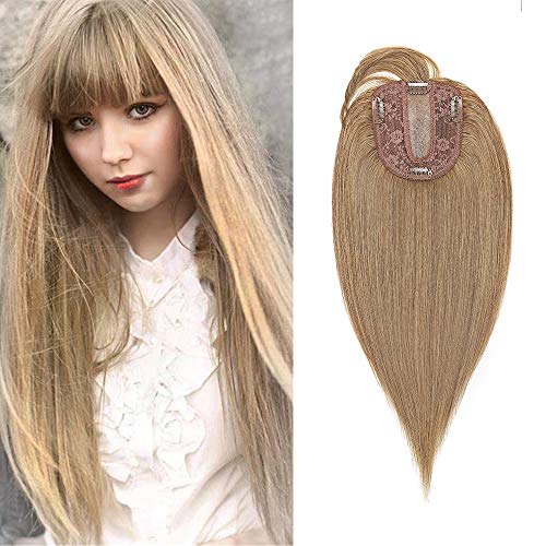 Silk-co Hair Topper Echthaar mit langem Pony, Toupet Damen 10x12cm Basis, Haartopper Echthaar mit Remy Seide Basis, Haar Topper Clip in Haarteil Extensions, 30cm27# Dunkelblond Silk-co Hair Topper Echthaar mit langem Pony, Toupet Damen 10x12cm Basis, Haartopper Echthaar mit Remy Seide Basis, Haar Topper Clip in Haarteil Extensions, 30cm27# Dunkelblond von Silk-co