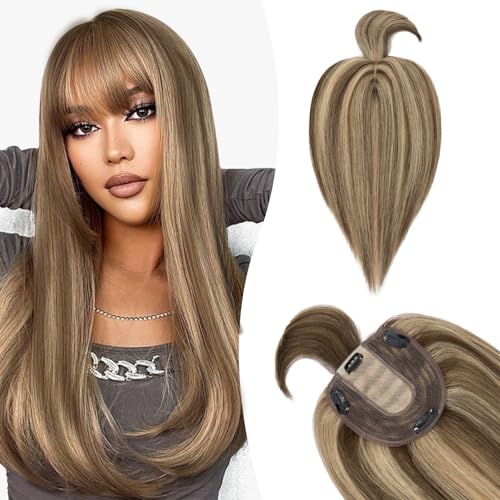 Silk-co Hair Topper Echthaar mit langem Pony, Toupet Damen 10x12cm Basis, Haartopper Echthaar mit Remy Seide Basis, Haar Topper Clip in Haarteil Extensions, 30cm4P27# Mittelbraun & Dunkelblond von Silk-co