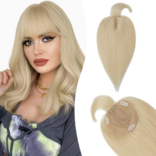 Silk-co Hair Topper Echthaar mit langem Pony, Toupet Damen 10x12cm Basis, Haartopper Echthaar mit Remy Seide Basis, Haar Topper Clip in Haarteil Extensions, 30cm613# Bleichblond von Silk-co