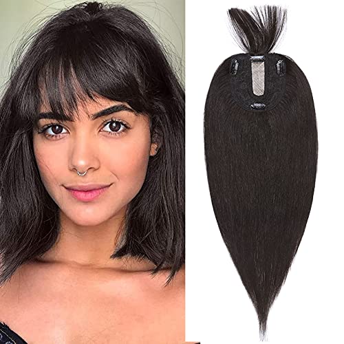 Silk-co Hair Topper Echthaar mit langem Pony, Toupet Damen 10x12cm Basis, Haartopper Echthaar mit Remy Seide Basis, Haar Topper Clip in Haarteil Extensions, 35cm1B# Naturschwarz Silk-co Hair Topper Echthaar mit langem Pony, Toupet Damen 10x12cm Basis, Haartopper Echthaar mit Remy Seide Basis, Haar Topper Clip in Haarteil Extensions, 35cm1B# Naturschwarz von Silk-co