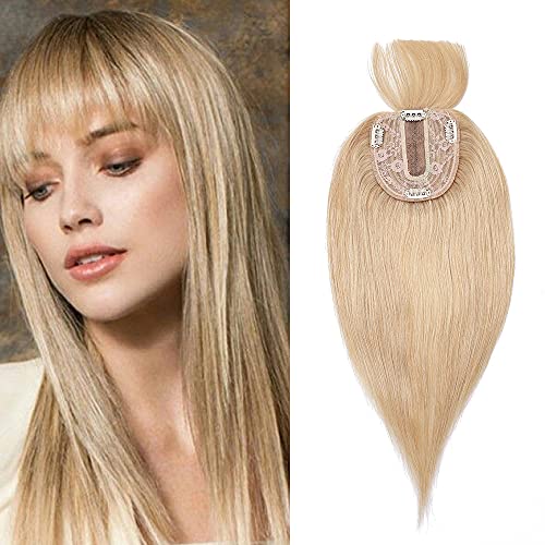 Silk-co Hair Topper Echthaar mit langem Pony, Toupet Damen 10x12cm Basis, Haartopper Echthaar mit Remy Seide Basis, Haar Topper Clip in Haarteil Extensions, 35cm24# Naturblond von Silk-co