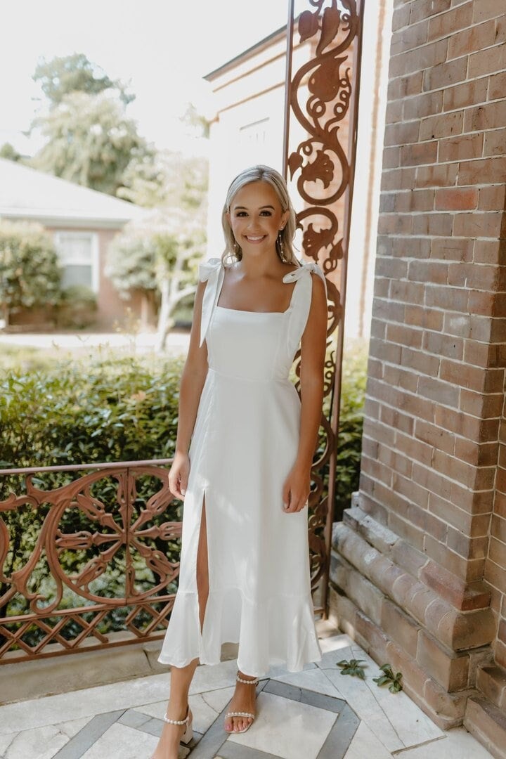 Elopement-Kleid Mit Schleife, Weißes Brautparty-Kleid, Midi-Quadratausschnitt, Zweites Hochzeitskleid Schleifen, Empfangskleid von SilkGardenStefa