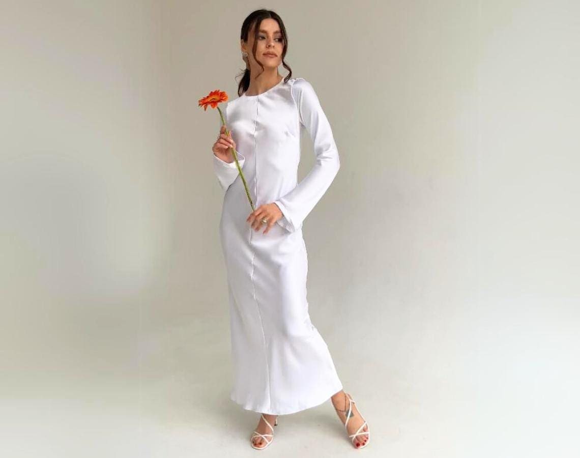 Empfangskleid Weißes Schlichtes Kleid Satin Brautkleid Schlichtes Langarm Probekleid von SilkGardenStefa