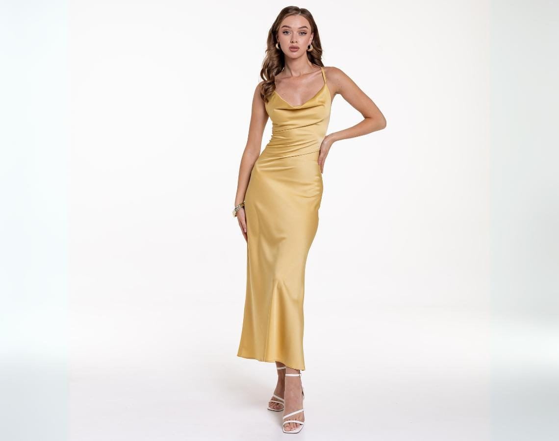 Gelbes Kleid Abendkleid Mit Wasserfallausschnitt Satinkleider Gelb Offenes Rückenkleid Schräg Geschnittenes Ballkleid Chloe-Kleid von SilkGardenStefa