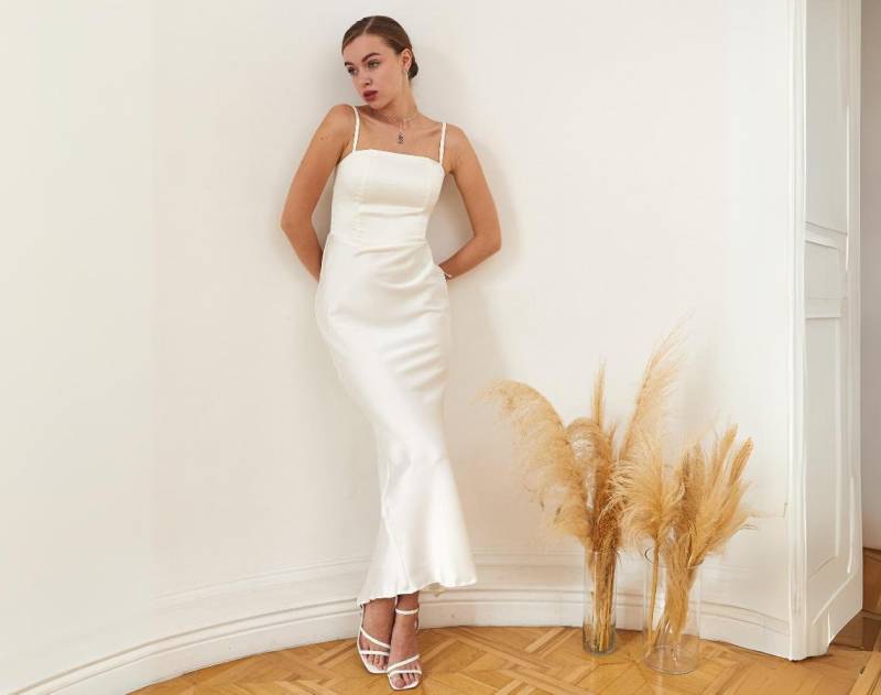 Kleid Für Probedinner, Empfangskleid, Satin-Brautkleid, Schlichtes Slip-Hochzeitskleid, Elfenbeinfarbenes Bescheidenes Satinkleid, Brautkleid von SilkGardenStefa