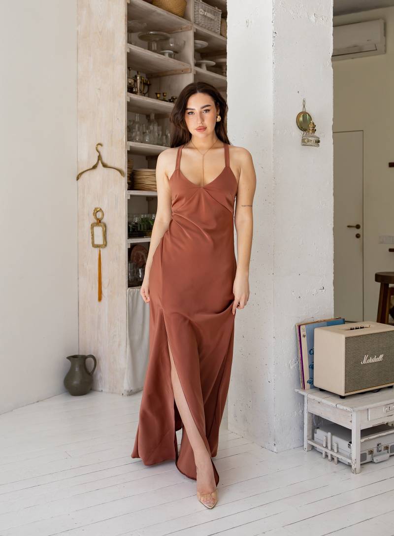 Kleid Mit Offenem Rücken Hochzeitsgästekleid Brautjungfernkleid Satin-Maxikleid Langes Ärmelloses V-Ausschnitt-Kleid Terrakotta-Kleid Maddie-Kleid von SilkGardenStefa