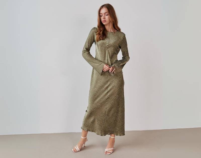 Langarm Damenkleid Ballkleid Edles Kleid Outfit Semi-Formales Midi Abendmode Olive Satinkleider Partykleid Elegantes Midikleid von SilkGardenStefa