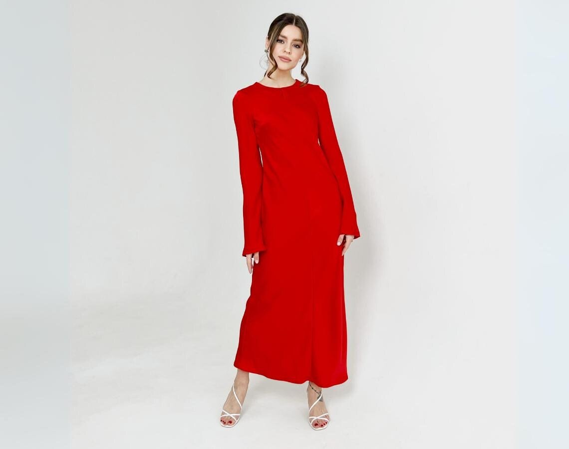 Rotes Kleid Formales Mit Ärmeln Satinkleider Ballkleid Rot Elegantes Hochzeitsgästekleid Mutter Der Braut von SilkGardenStefa