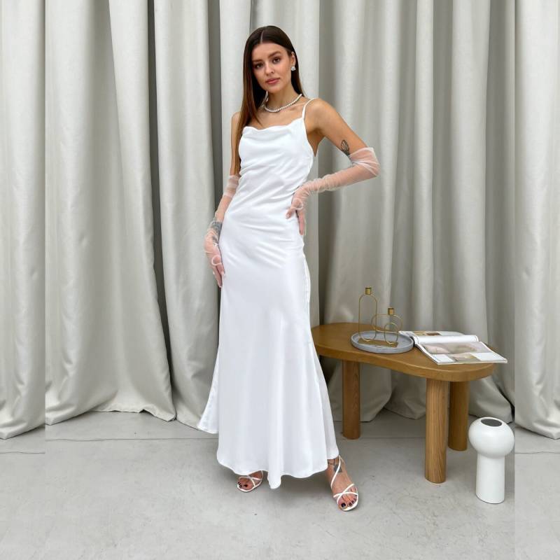 Weißes Kleid Brautempfangskleid Seiden-Unterkleid Mit Wasserfallausschnitt Seiden-Midikleid Elopement-Seidenkleid Verlobungskleid Elopement-Kleid von SilkGardenStefa