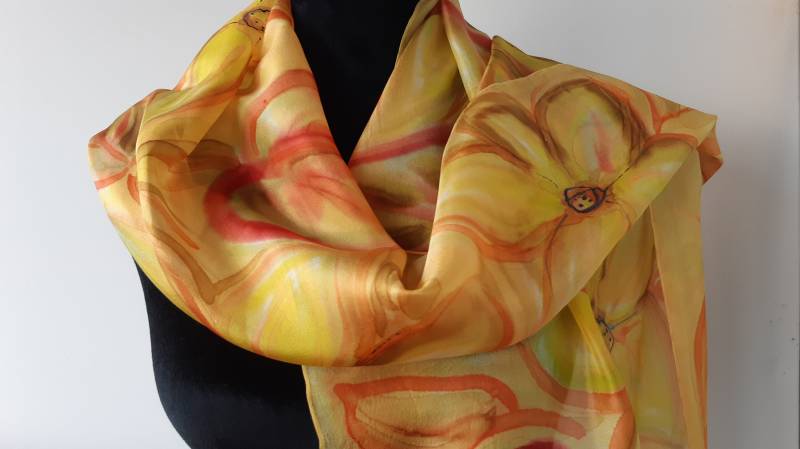 Gelbe Handbemalte Seidenschal. Ringelblume Gemalt Aquarell. 45 X 150 cm Schal. Handbemalter Designer Schal von SilkLetters