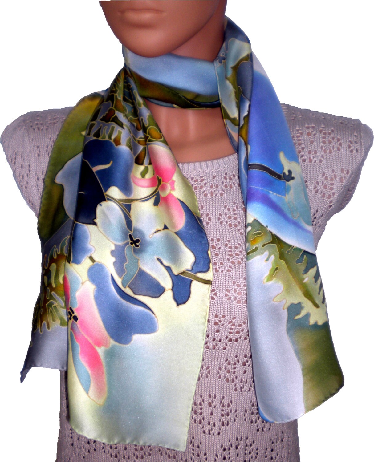 Handbemalte Seidenschal, Farn Blumen, Monet Farben, Batik Serti von SilkMood